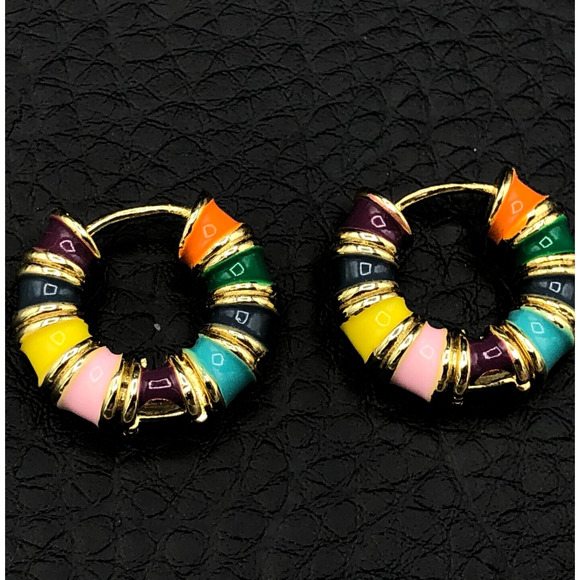 Rainbow Hoop Earrings Retro Multi Color Enamel Gold Tone 80s 90s Style Huggies - Picture 1 of 6